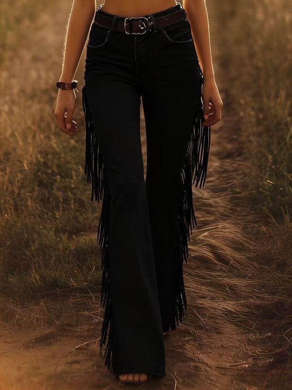 New arrival: Women's high waist flare jeans with dramatic side fringe, combining western and festival fashion trends.