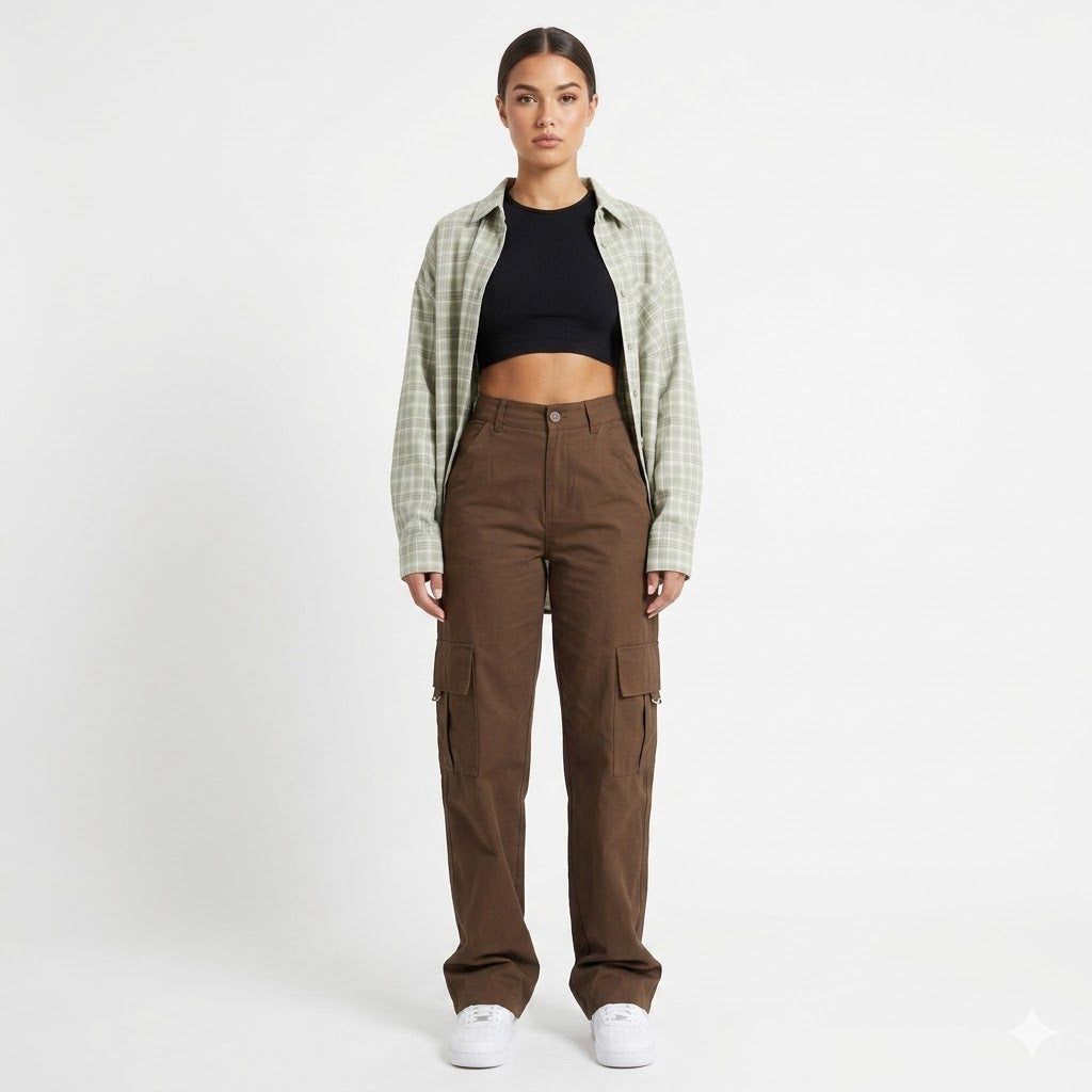 Women's high waist wide leg cargo pants with multiple utility pockets, perfect for casual streetwear.