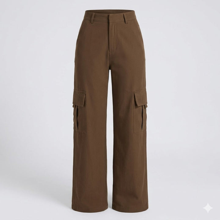Relaxed fit wide leg cargo pants for women, featuring a high waist and stylish utility pockets.