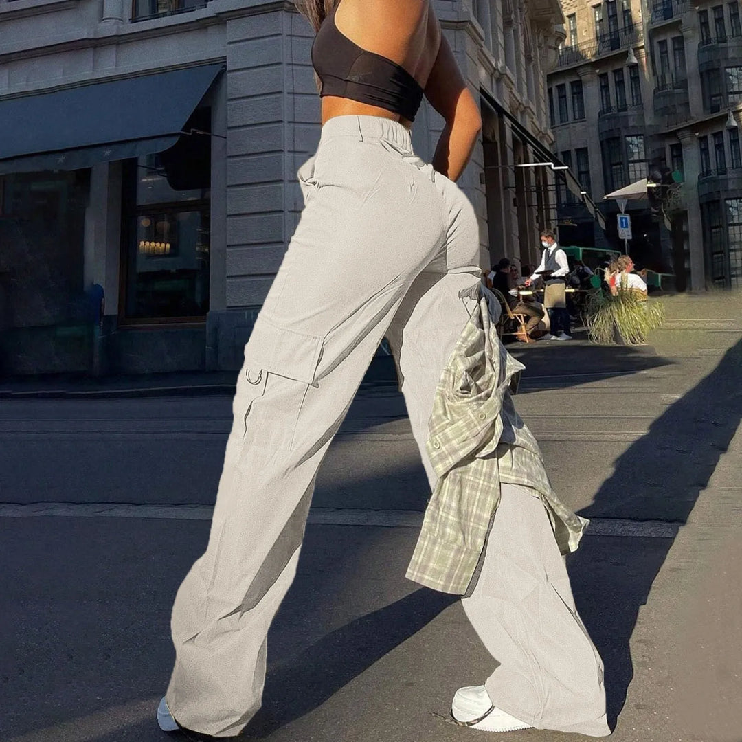 Comfortable high waist wide leg cargo pants for women, offering a relaxed fit suitable for casual outings.