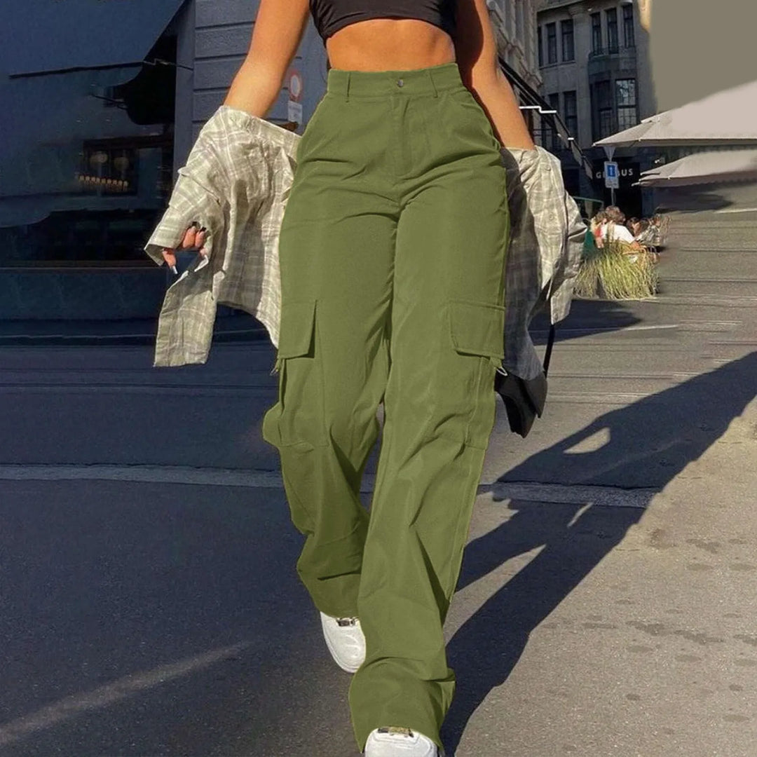 Women's apparel: high waist wide leg cargo trousers with multiple spacious pockets for a fashionable look.