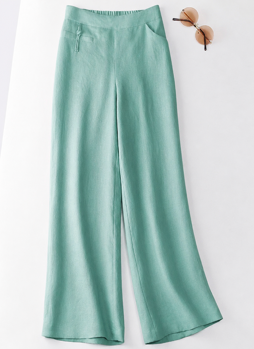 Women's high waist wide leg pants, casual and flowy for summer comfort, with pockets and button front.