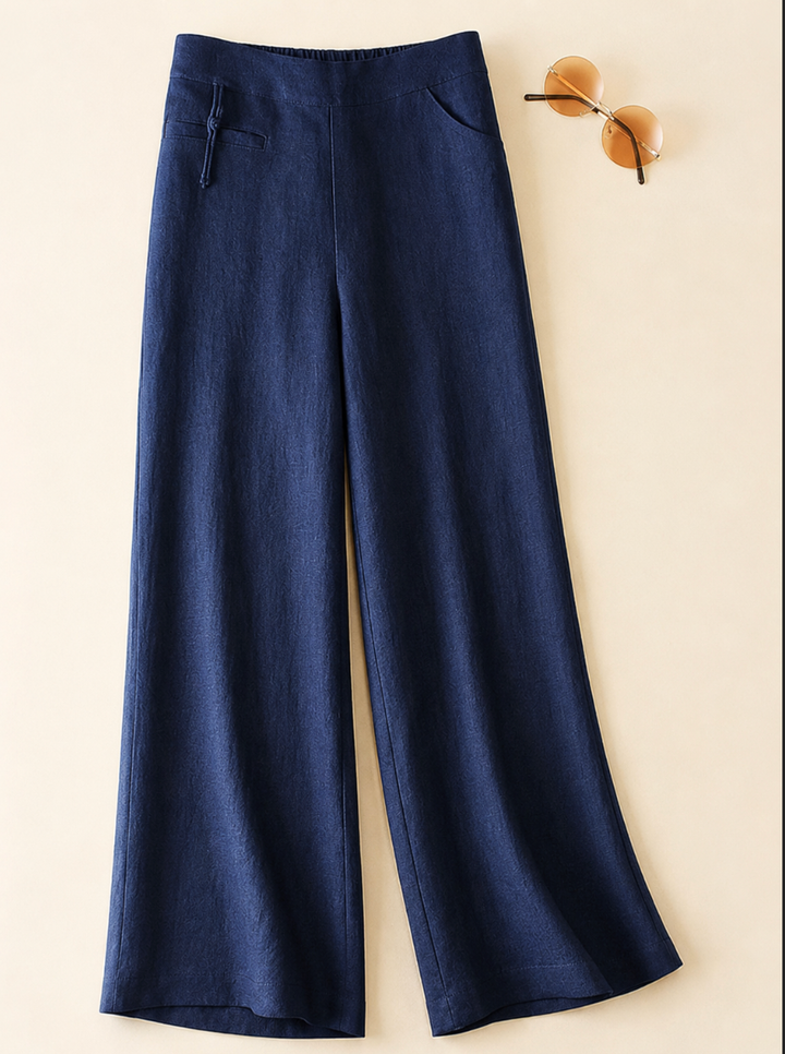 Comfortable women's wide leg pants with high elastic waist, perfect for casual summer wear and relaxed style.