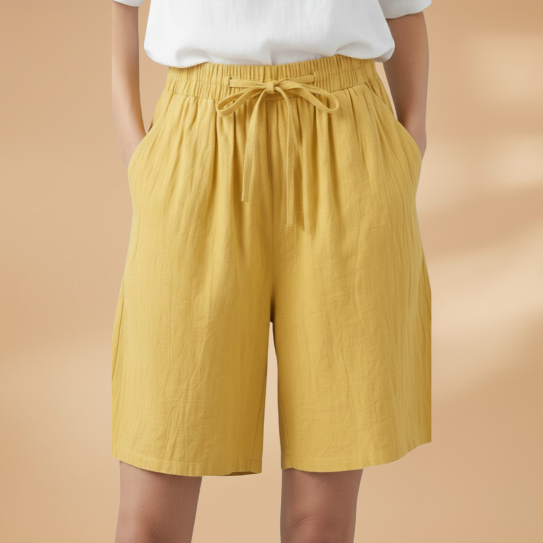 Casual women's wide leg shorts, high waist with elastic drawstring, ideal for summer vacation.