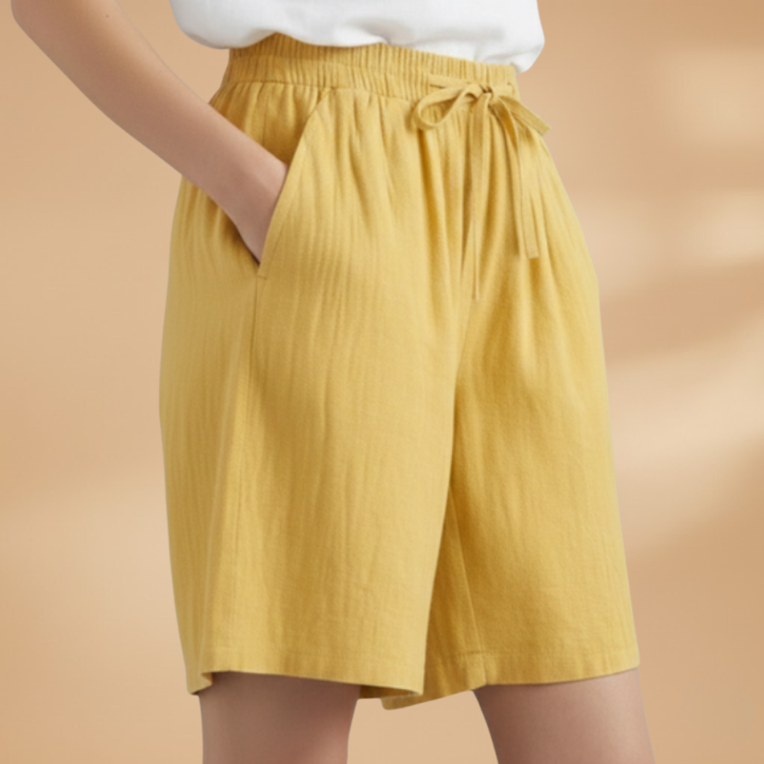 Comfortable women's high waist drawstring shorts, wide leg design, great for everyday wear.