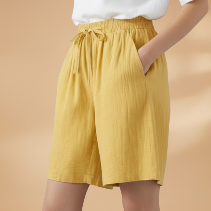 Stylish women's wide leg shorts, high waist with adjustable drawstring for a relaxed fit.