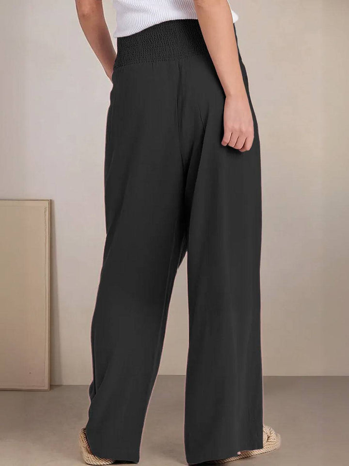 Comfortable women's wide leg pants, smocked high waist for relaxed everyday wear and flowy feel.