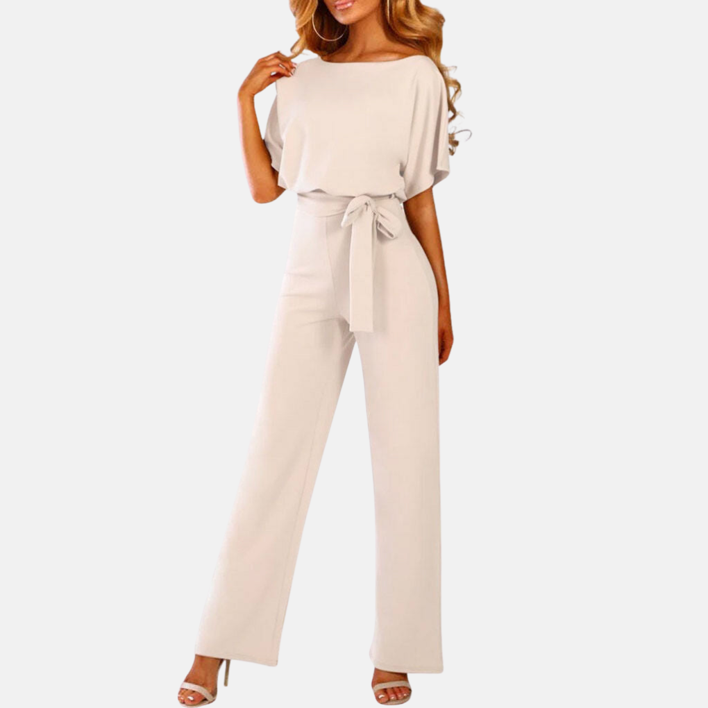 Women's high waist wide leg summer jumpsuit. Comfortable, short sleeve design for elegant or casual wear.