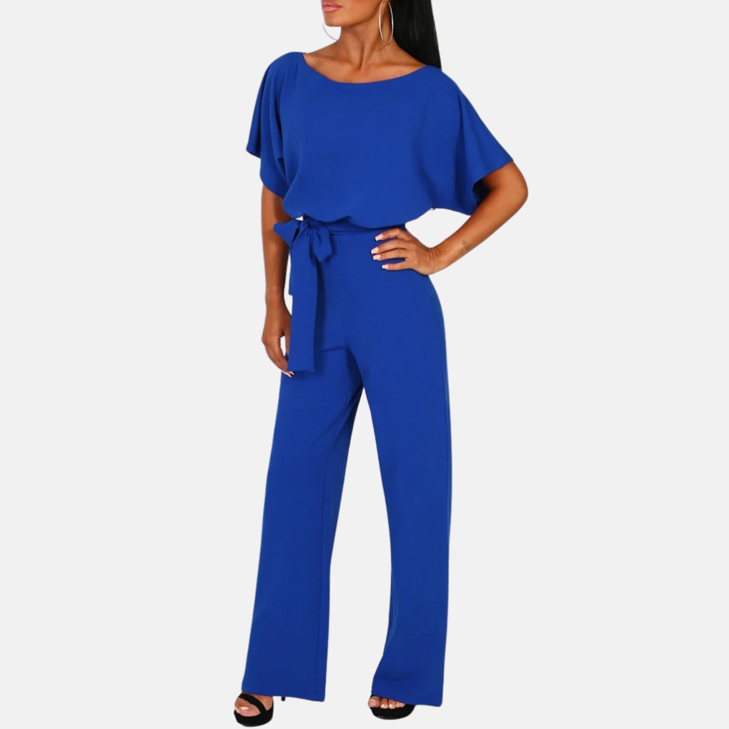 Modern short sleeve women's jumpsuit. High waist, wide leg for a comfortable, versatile summer fashion look.