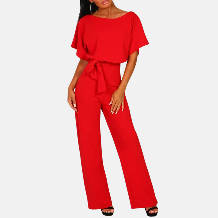 Casual women's summer wide leg jumpsuit with a high waist and short sleeves, ideal for everyday comfort.