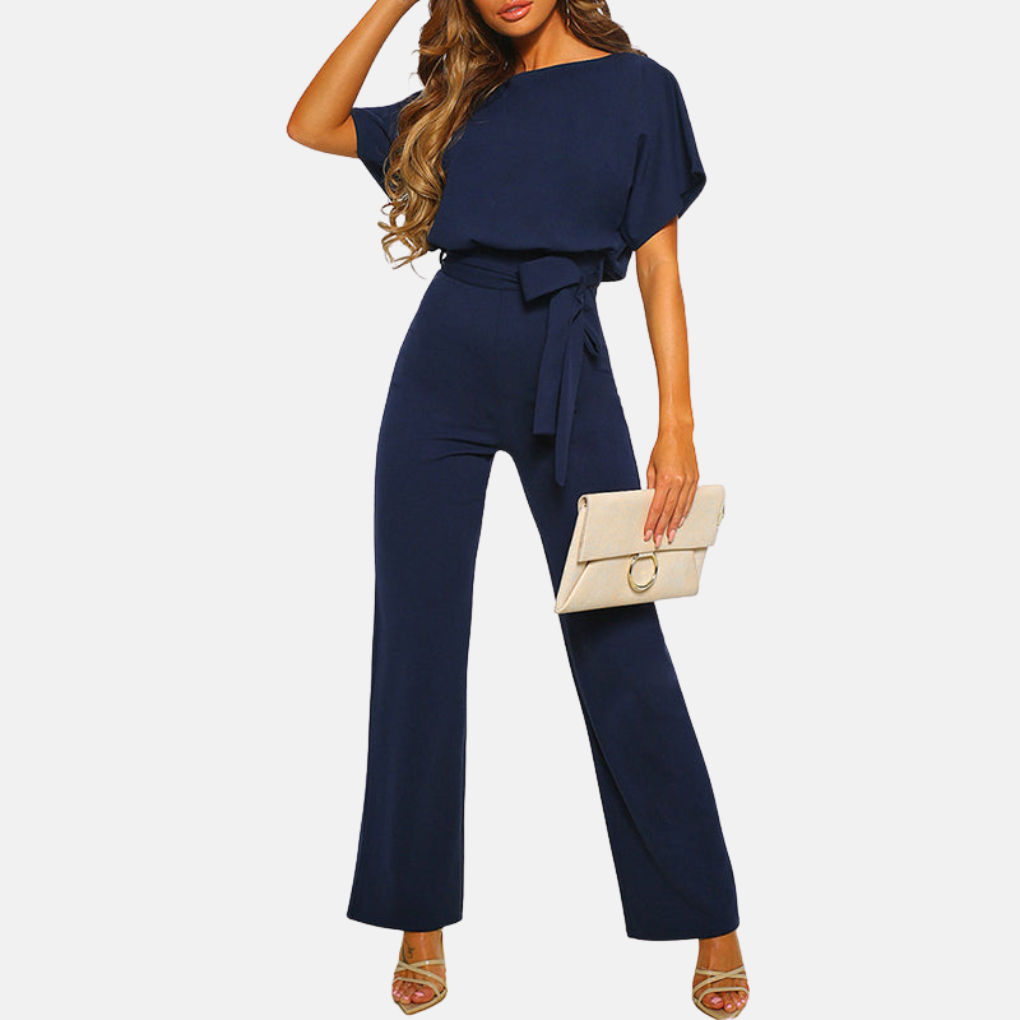 Versatile women's high waist wide leg jumpsuit. A comfortable, modern short sleeve piece for all summer occasions.