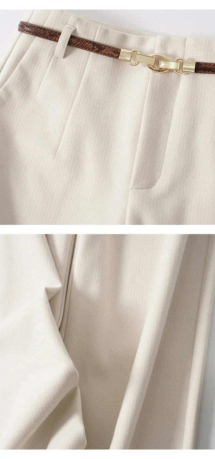 Women's versatile high-waist wide-leg wool blend trousers in a neutral beige, easy to style