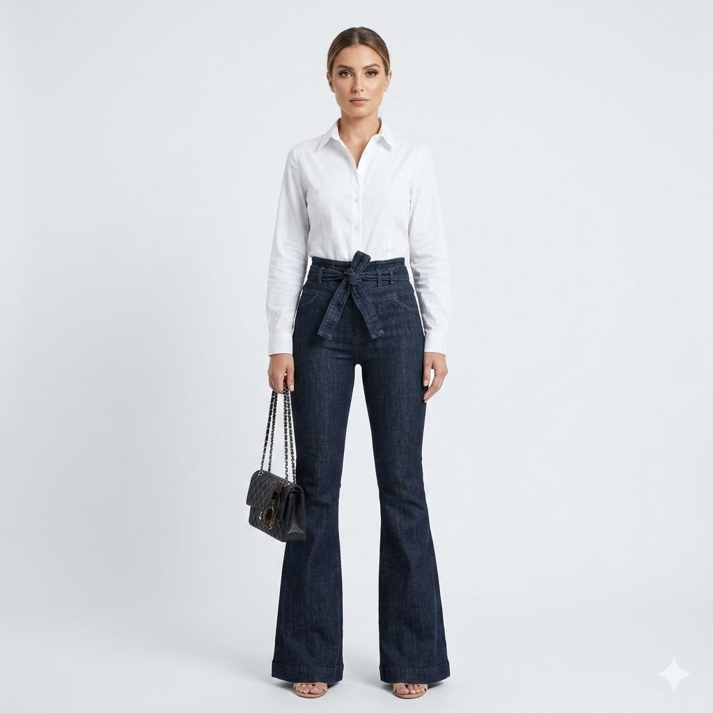 Women's high-waisted flare jeans, sculpting fit for everyday wear. Classic denim style, comfortable & versatile.