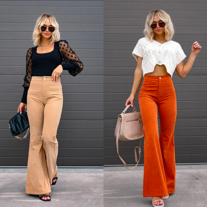 Comfortable women's high-waisted ribbed trousers, perfect casual or fashion-forward flared pants.