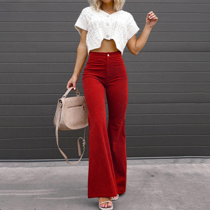 Flattering high-waisted ribbed flared pants for women, offering a chic retro fashion statement.
