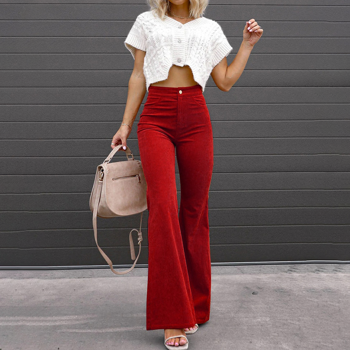 Flattering high-waisted ribbed flared pants for women, offering a chic retro fashion statement.