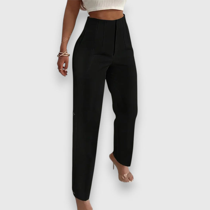 Modern classic women's high-waisted straight leg pants, offering a tailored fit for professional & chic attire.