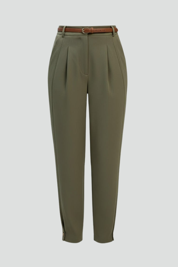 Women's high-waisted tapered trousers with a chic belt, perfect for formal or casual wear.
