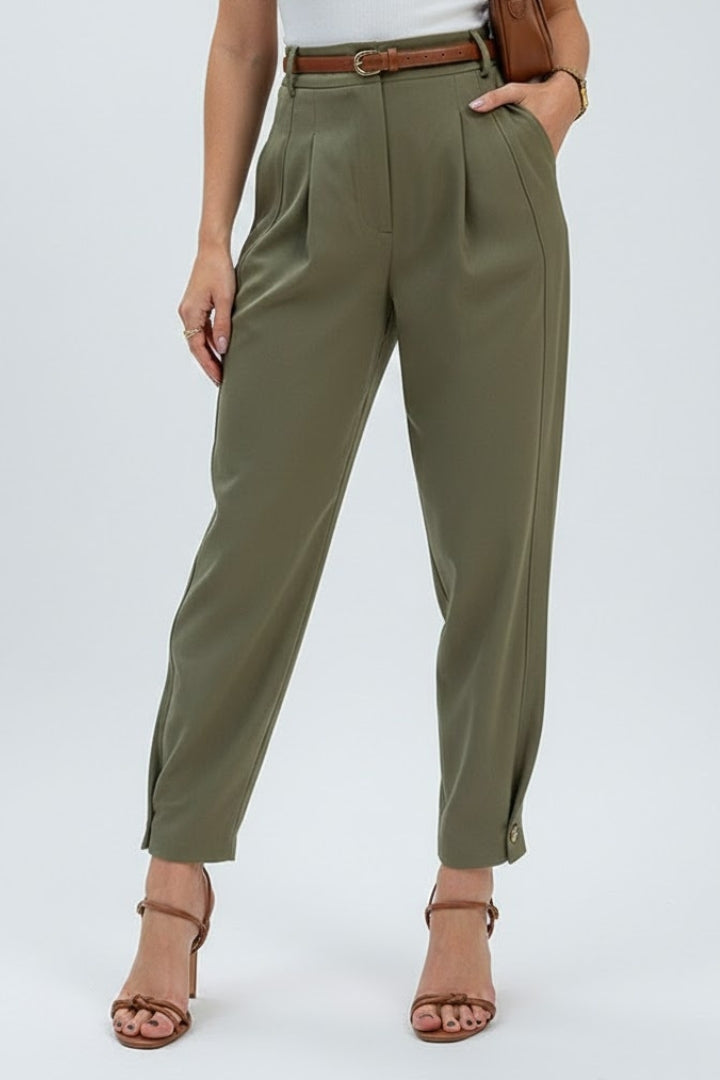 Full-length green high-waisted pleated trousers for women, featuring a stylish tapered fit and belt.