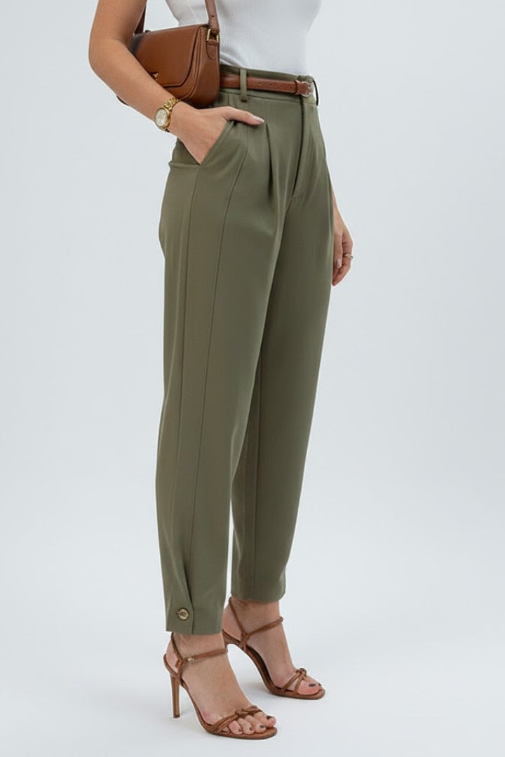 Brown women's high-waisted tapered pants with belt, ideal for a smart casual or elegant formal look.