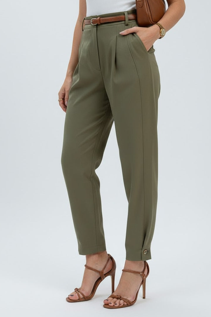 Elegant women's pleated tapered trousers, high-waisted design with a stylish belt, full length for a sleek silhouette.