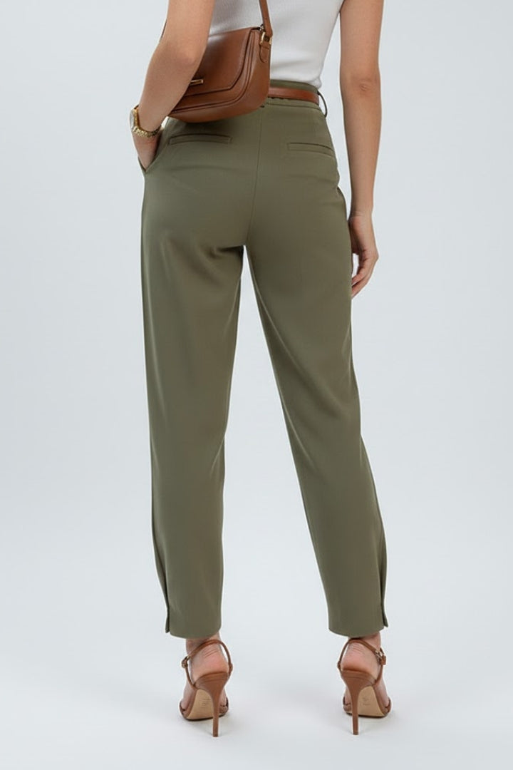 Women's belted high-waisted tapered pants in a versatile color, offering a comfortable and stylish fit.