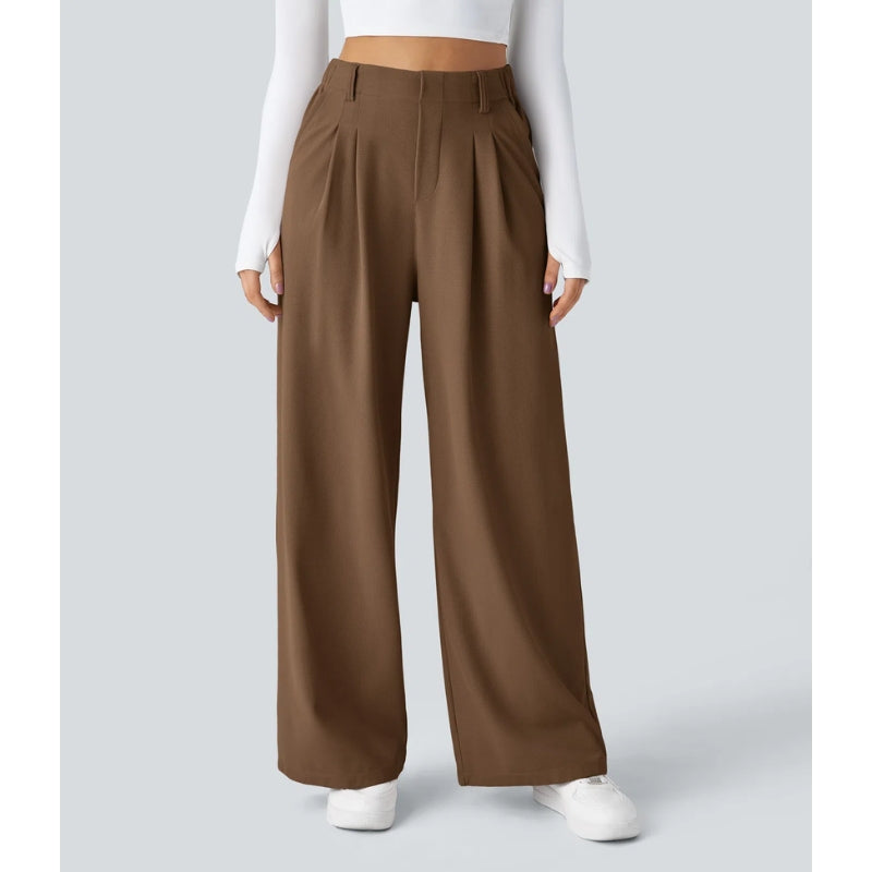 Women's casual high waisted waffle knit pants in motion, demonstrating the flow of the wide leg