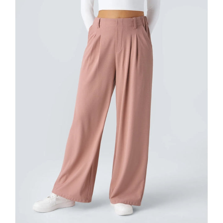 Close-up of the textured waffle knit fabric on women's comfortable wide leg high waisted pants