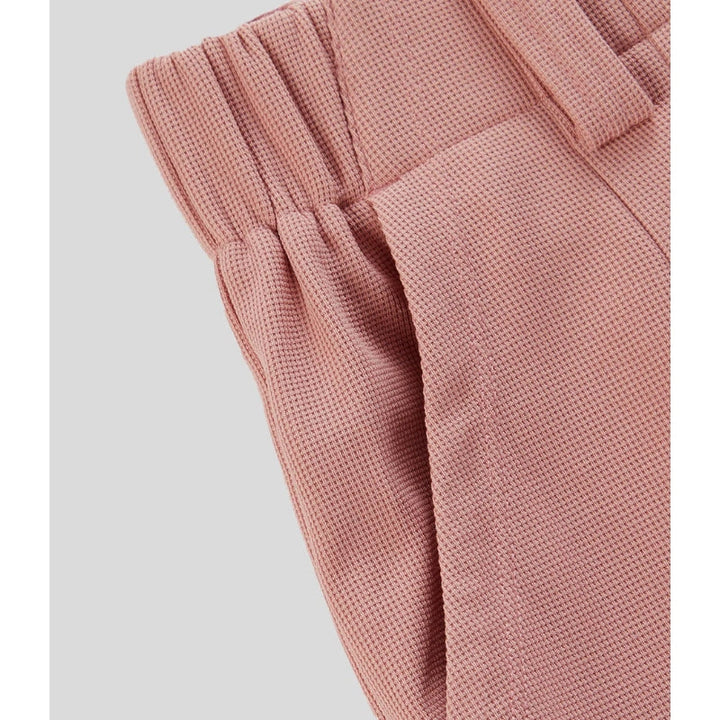 Full length view of women's high waisted waffle knit lounge pants, showcasing the wide leg style