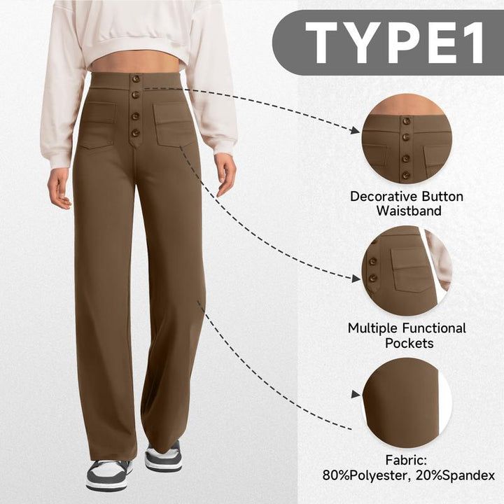 Stylish women's wide-leg dress pants, high-waisted design with button accents, perfect for business casual