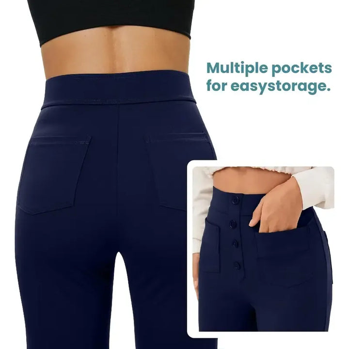 Women's high-waisted wide-leg dress pants in a neutral color, offering a sleek and professional silhouette