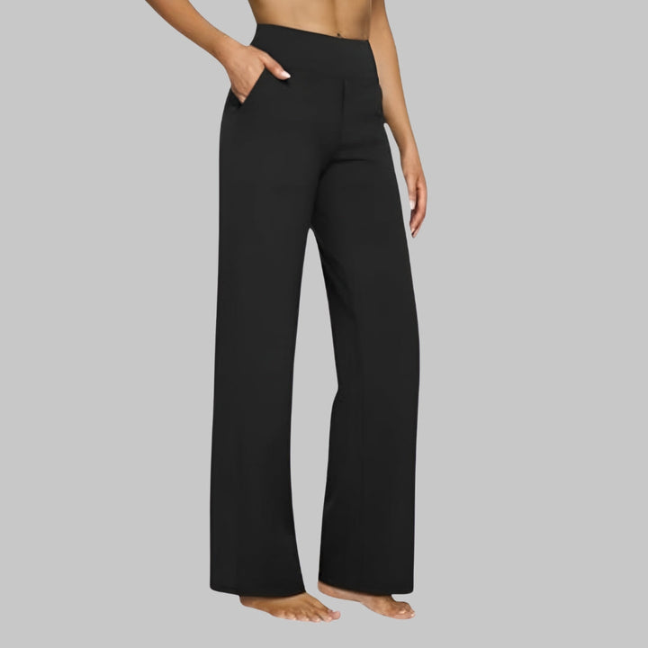 Women's wide-leg work pants, high-waisted and comfortable, featuring useful side pockets.