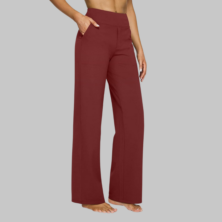 High-waisted women's wide-leg pants, comfortable and practical with spacious side pockets.