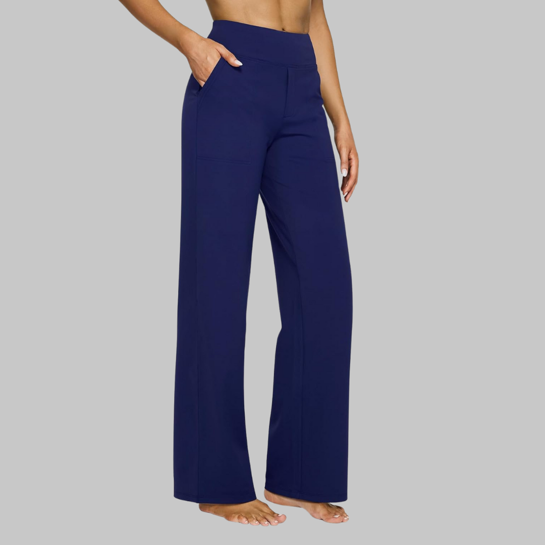 Easy pull-on women's high-waisted wide-leg pants, perfect for comfort & style, with pockets.
