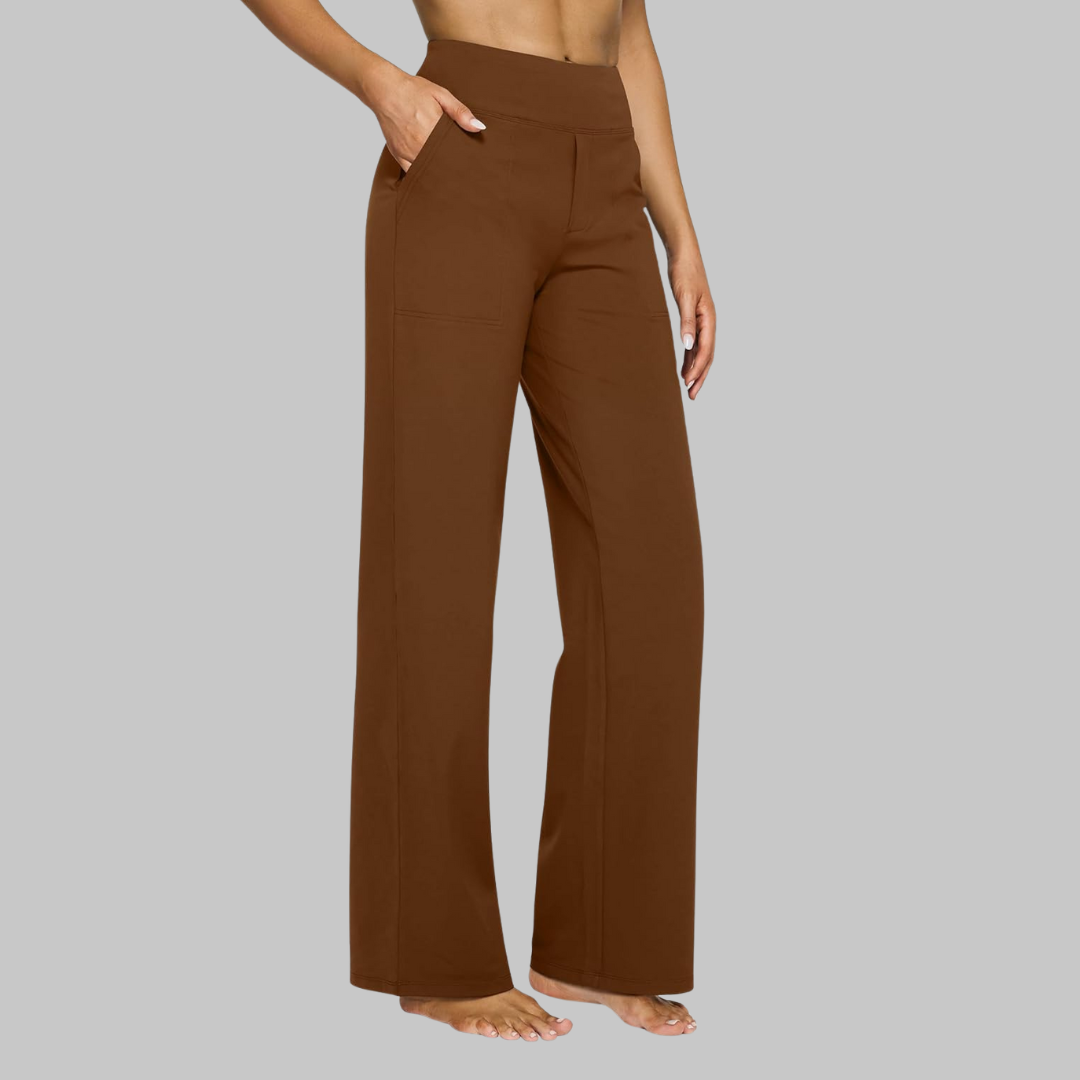 Flowy wide-leg women's pants, high-waisted for a flattering fit, includes convenient side pockets.