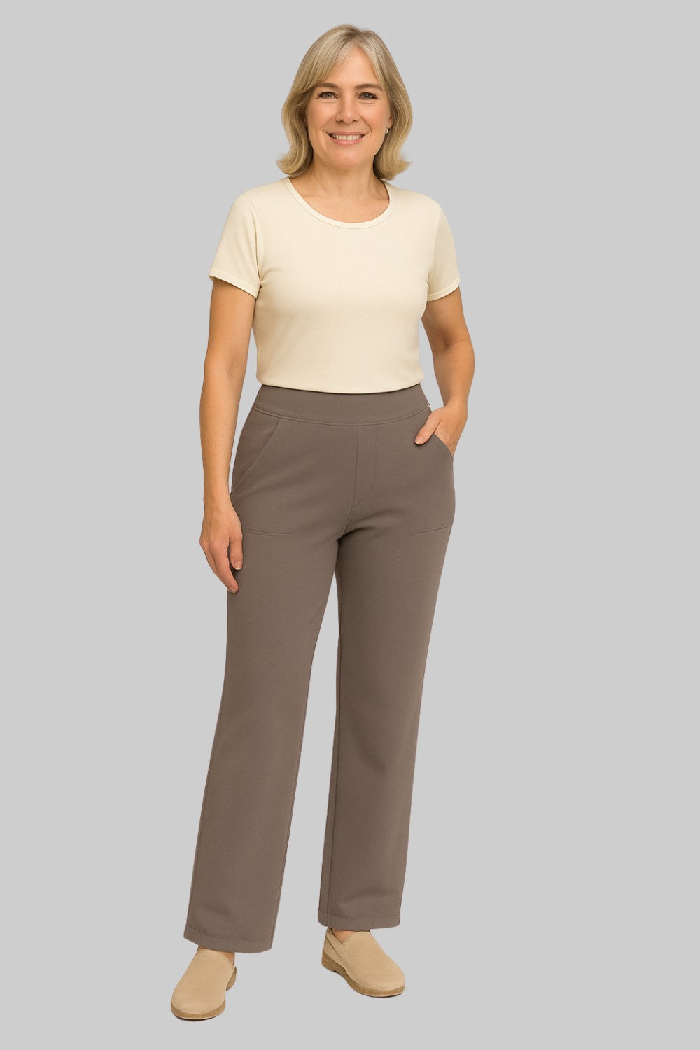 Comfortable women's high-waisted wide-leg pants, relaxed fit with convenient side pockets.