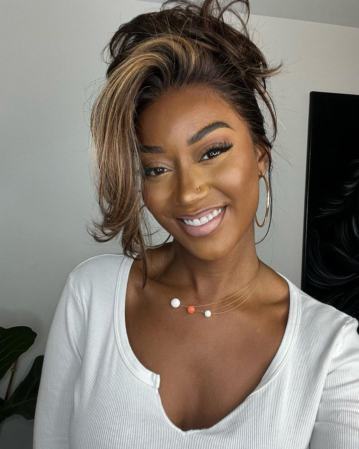 Natural wave lace front wig for women. Highlighted dark brown & blonde human hair. Ready-to-wear style.