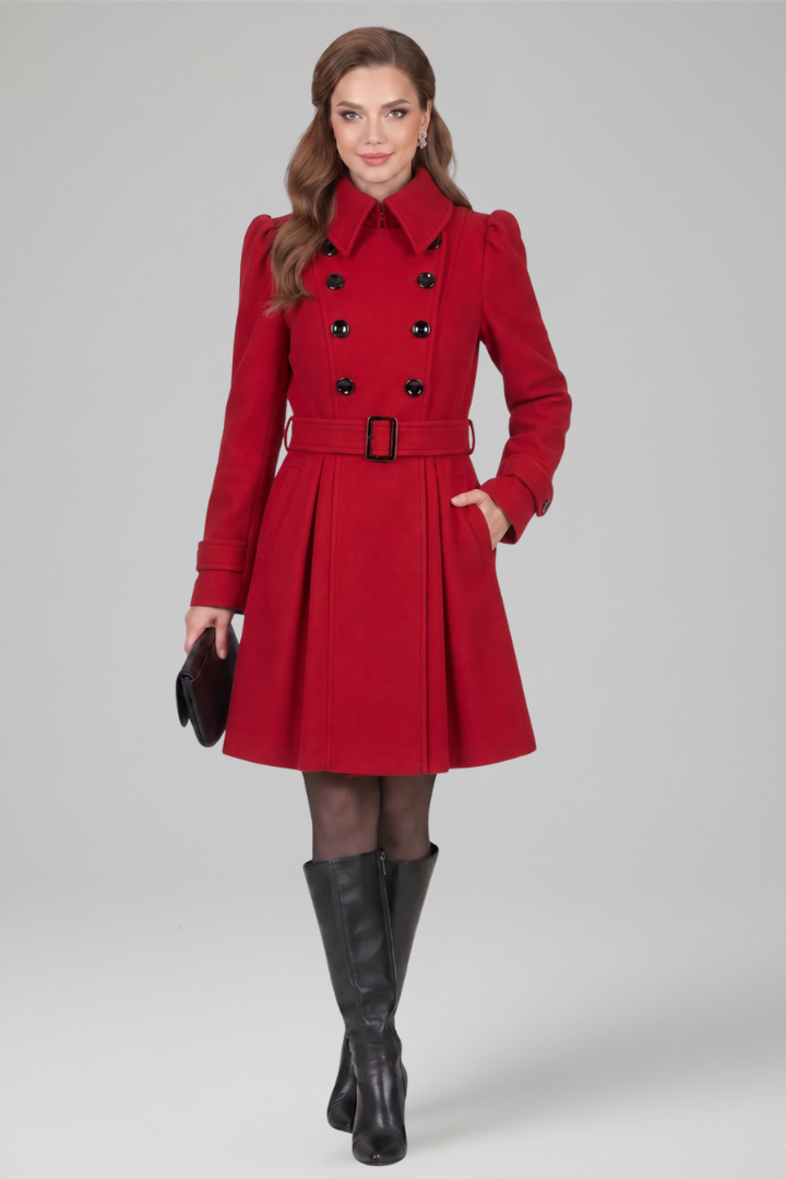 Classic women's hooded A-line coat with double button closure. Essential structured outerwear for winter.