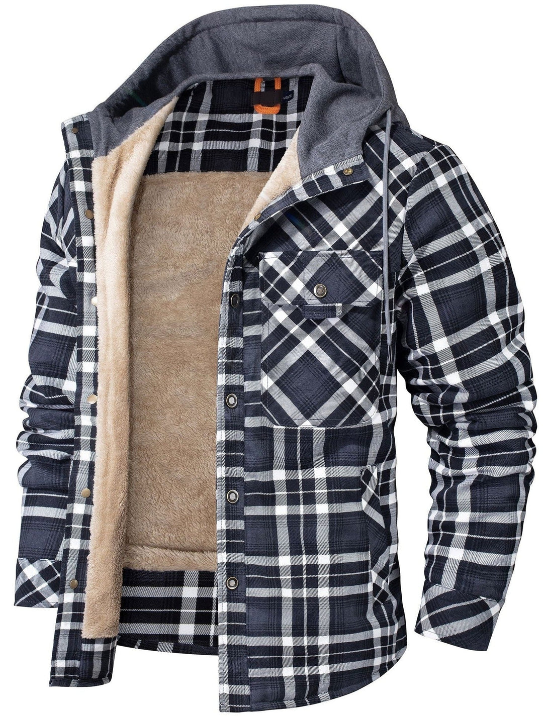 Three-quarter view of a women's hooded flannel jacket with faux fur lining, a must-have winter essential