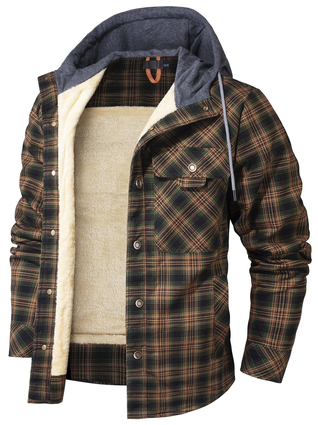 Image of the zipper and buttons closure on a women's hooded flannel jacket, security and style