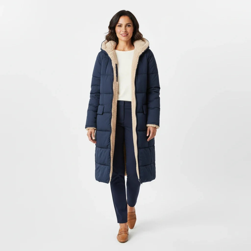 Women's long puffer jacket with hood, ideal for cold weather and stylish warmth.