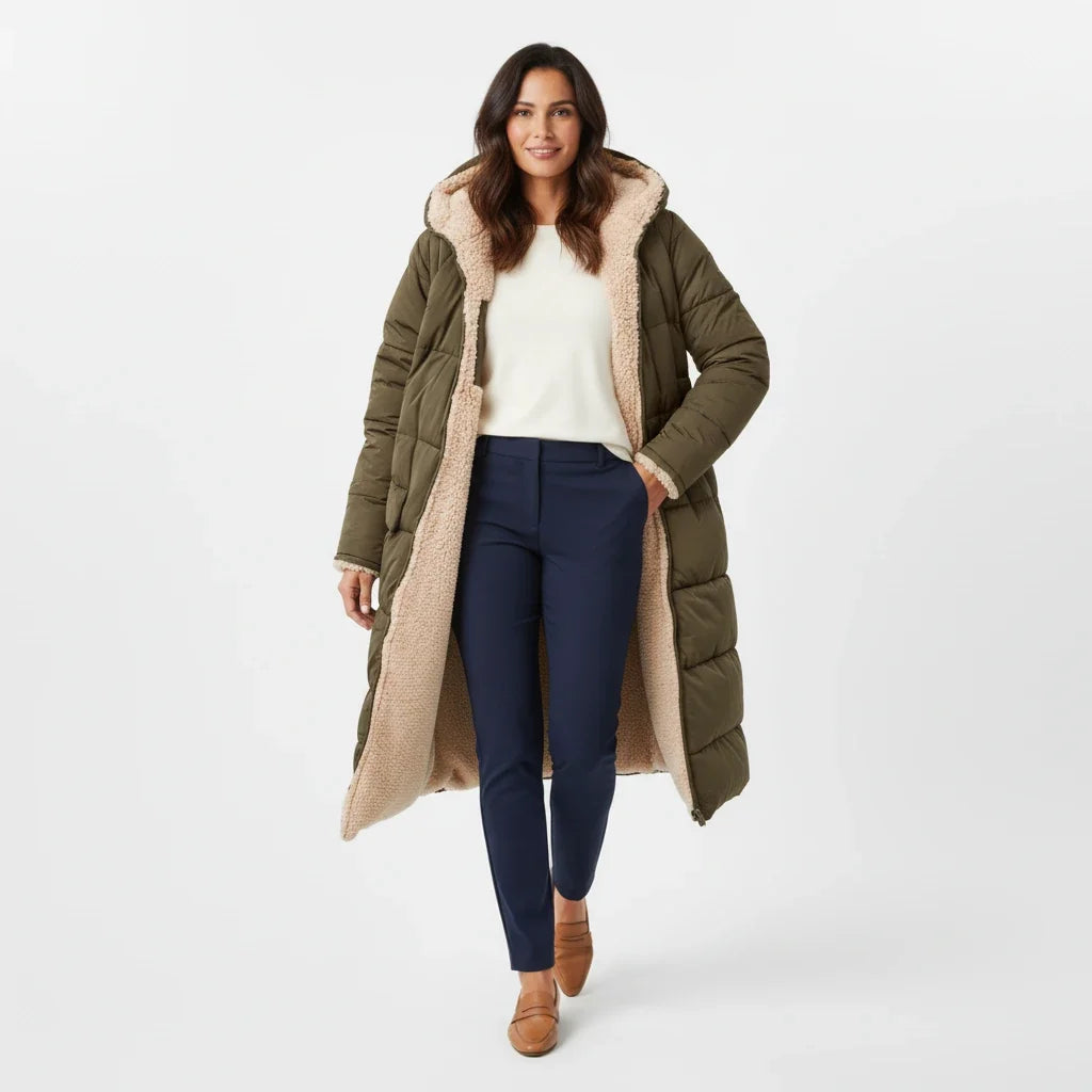 Women's winter fashion long puffer jacket, cozy and stylish with a hood.