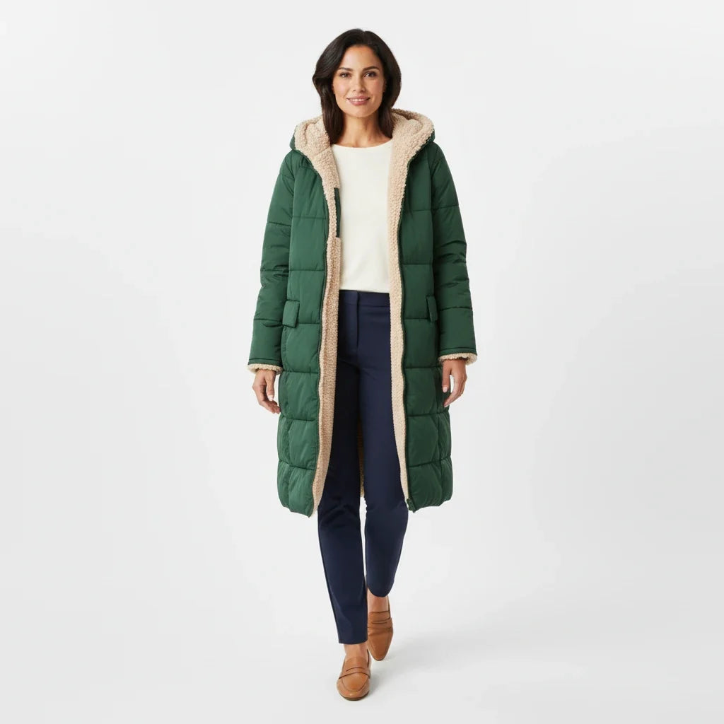 Women's long insulated puffer coat, hooded and perfect for cold winter fashion.