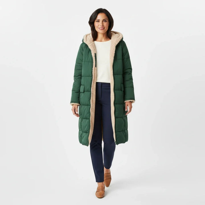 Women's long insulated puffer coat, hooded and perfect for cold winter fashion.