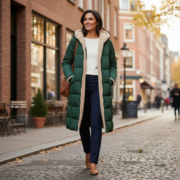 Cozy women's hooded puffer jacket, oversized fit for warmth and winter style.