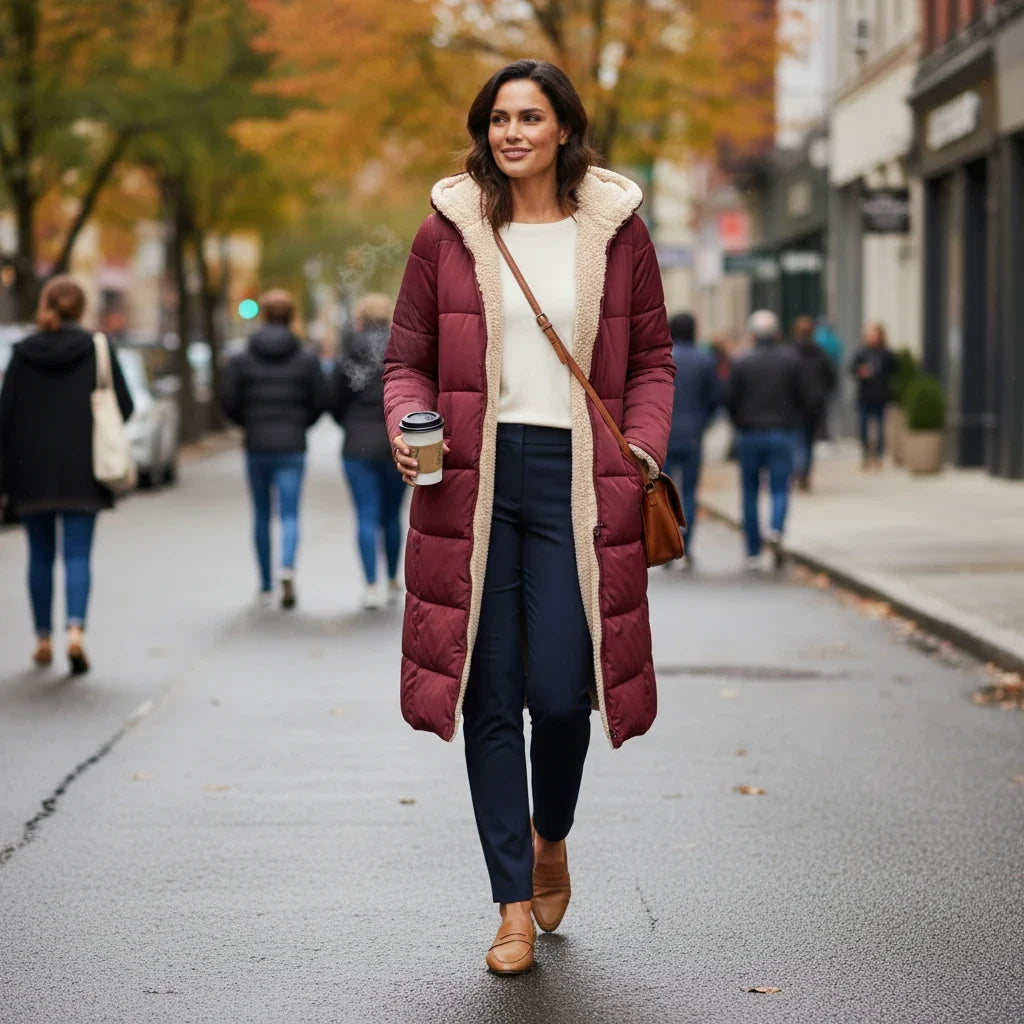 Warm quilted women's puffer jacket, oversized fit with hood for cold weather style.