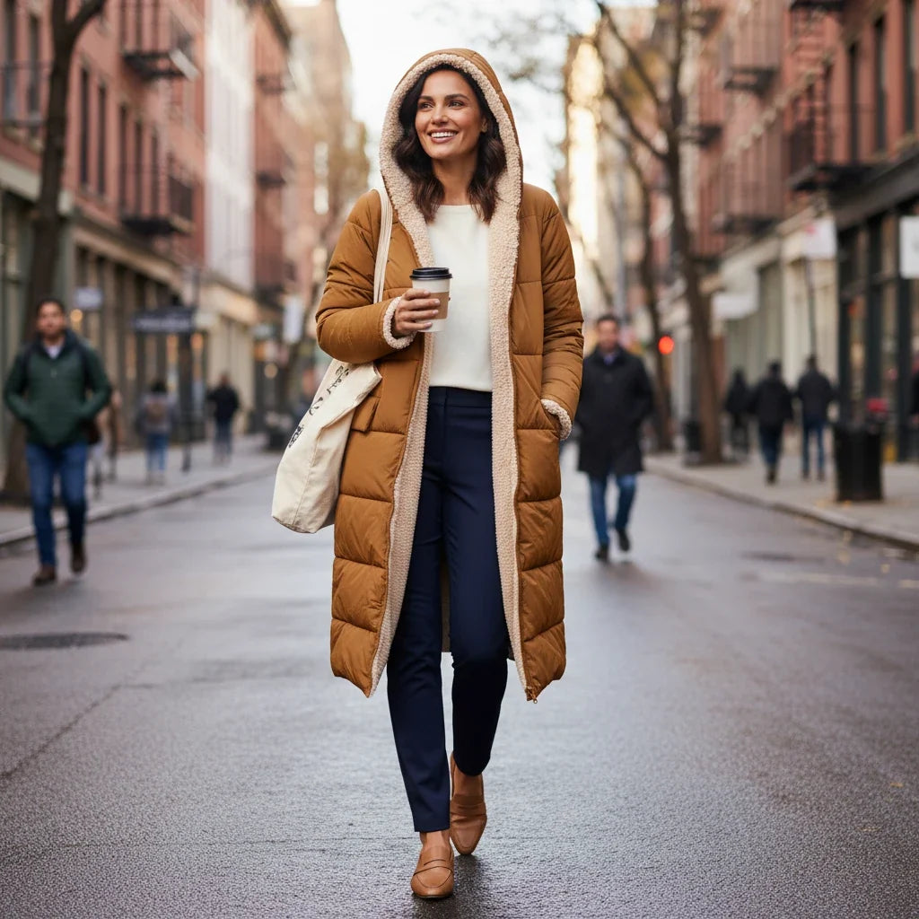 Oversized fit women's puffer coat, warm and cozy hooded outerwear for cold days.
