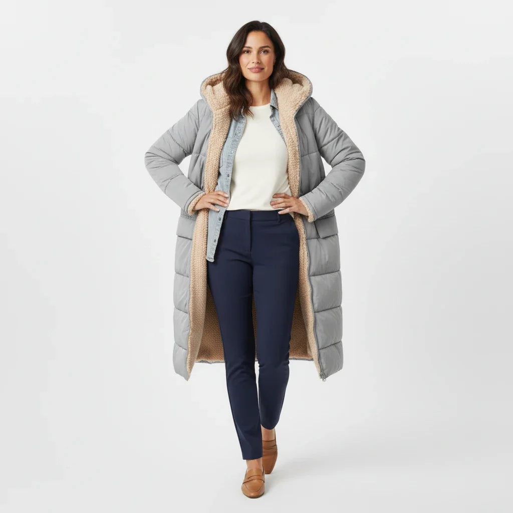 Long hooded puffer coat for women, excellent insulated outerwear for winter.