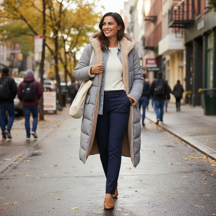 Stylish women's hooded puffer coat, perfect for winter fashion and warmth.