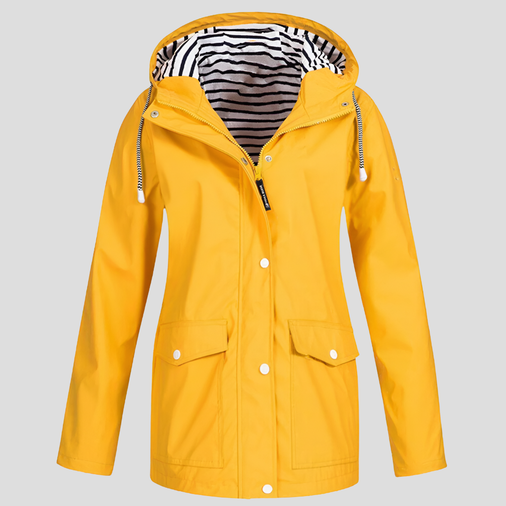 Women's hooded waterproof jacket, ideal for rain, with front pockets. Lightweight & versatile for outdoor wear.